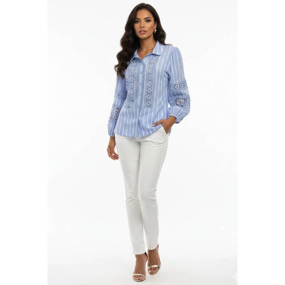 NEW HESTER & ORCHARD striped collared blouse in blue white